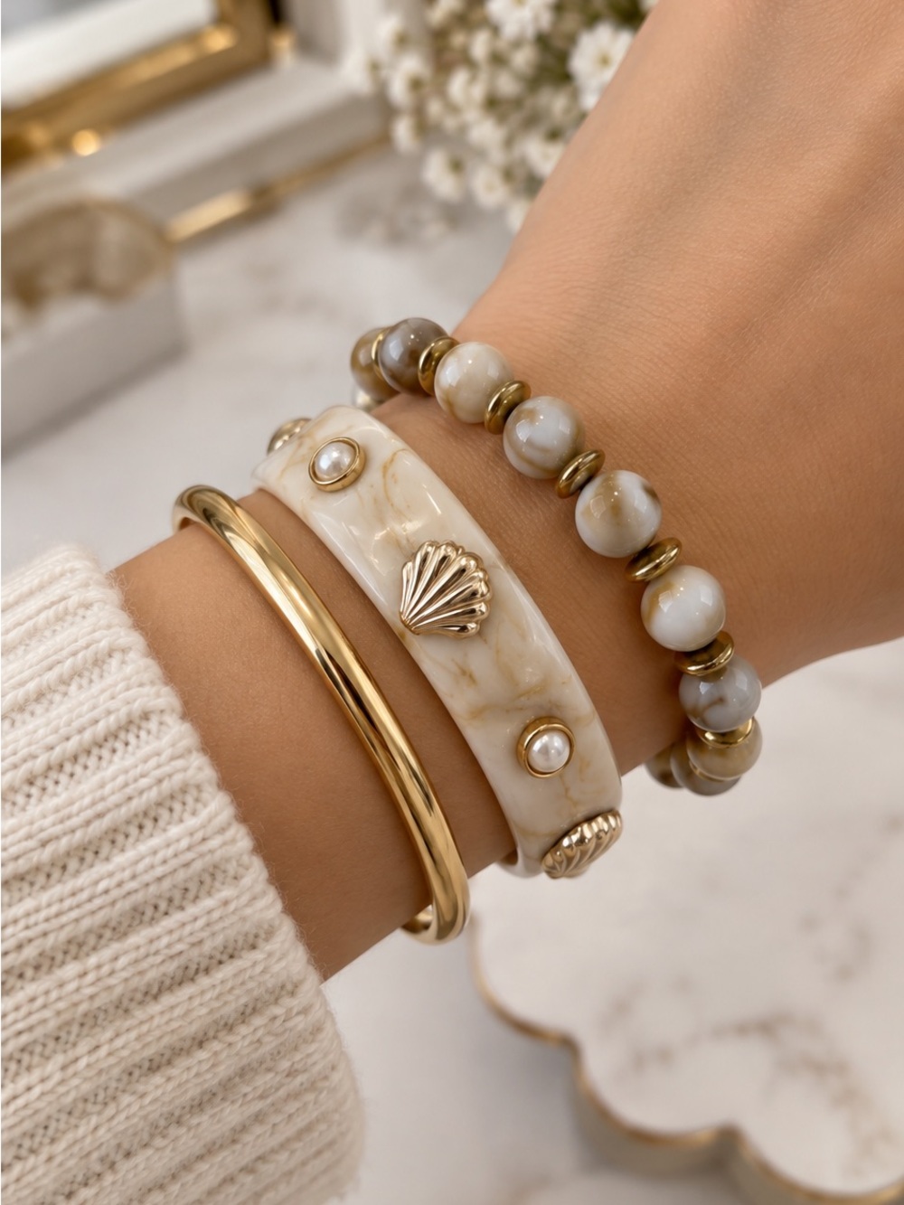 Marbled Cream Resin and Gold Bracelet Set